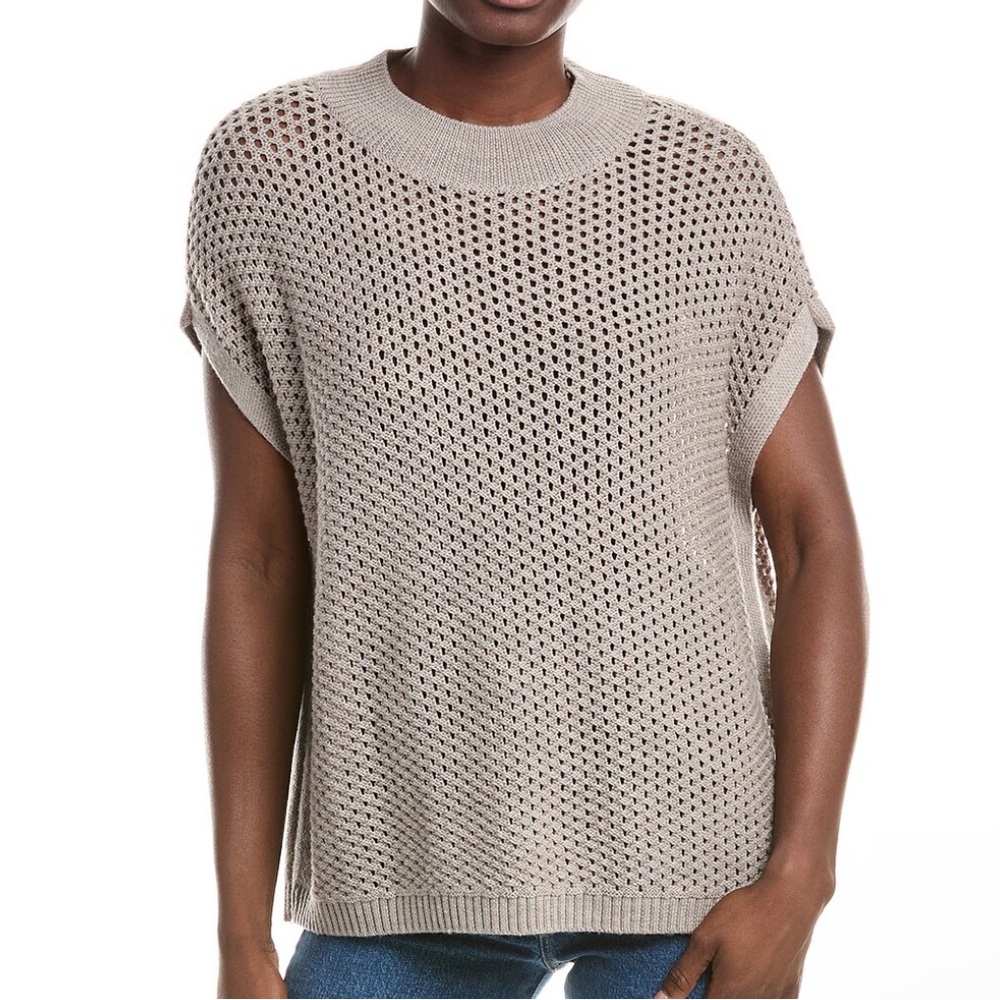 EILEEN FISHER Merino Wool Open Knit Boxy Mock Sweater Lagenlook Quiet Luxury | S